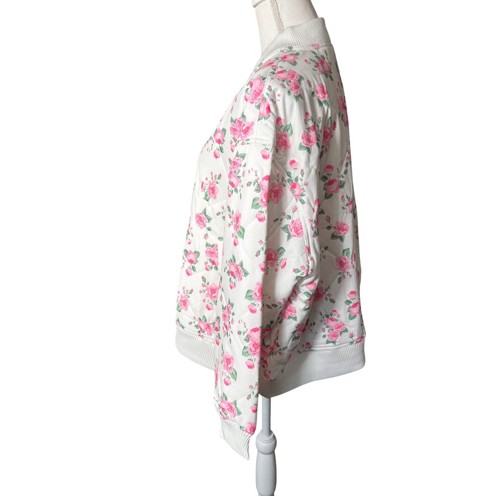 Mainstrip Women's Quilted Floral Bomber Jacket Pink Rose Snap Front White Size M - Picture 8 of 11